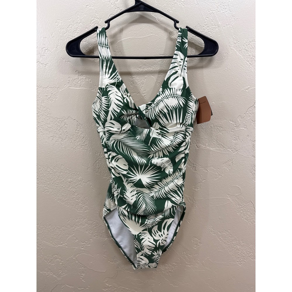 Shade & Shore Women Green White Tropical Palm Leaf Knot Front One Piece Swim S